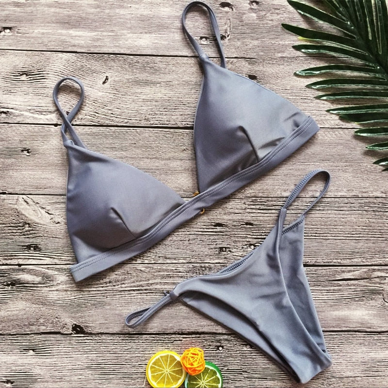 Two Piece Solid Low Cut Bikini Set