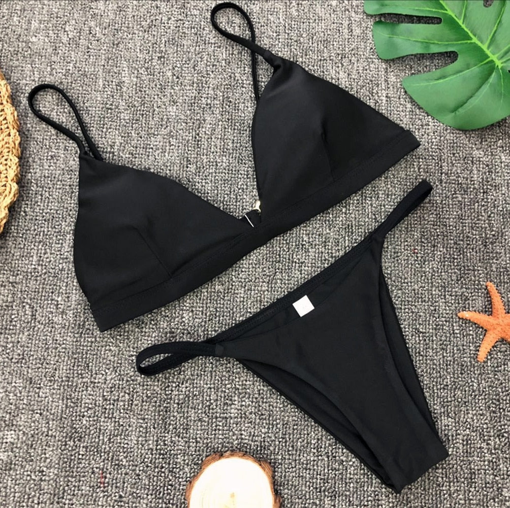 Two Piece Solid Low Cut Bikini Set