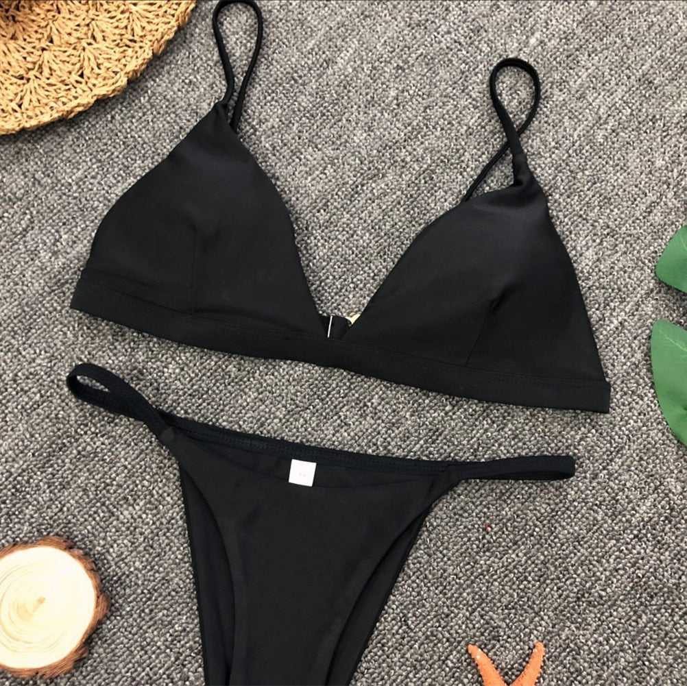 Two Piece Solid Low Cut Bikini Set