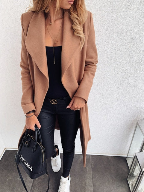 Thin Wool Blend Coat Women Long Cardigan Coat