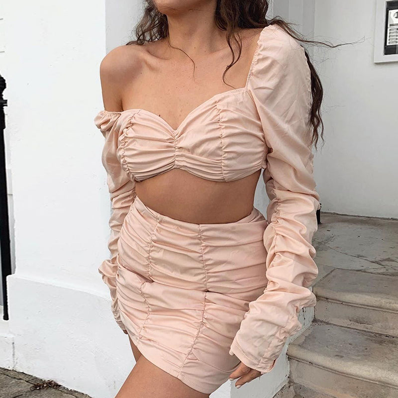 Double Layers Ruffled Two Piece Crop Top Skirt Set