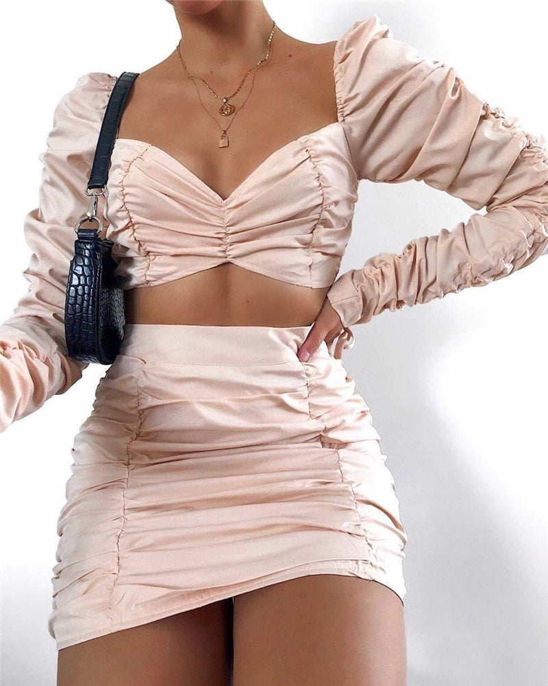 Double Layers Ruffled Two Piece Crop Top Skirt Set