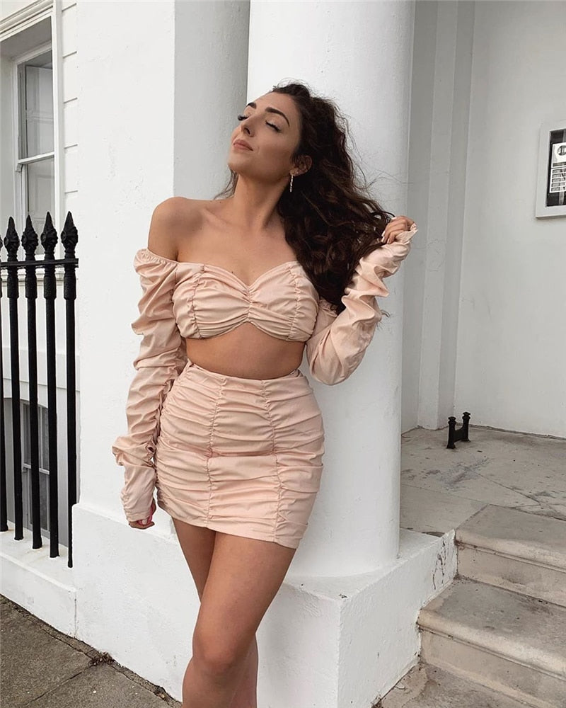 Double Layers Ruffled Two Piece Crop Top Skirt Set