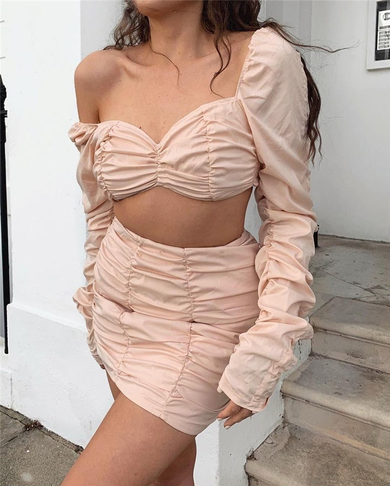 Double Layers Ruffled Two Piece Crop Top Skirt Set