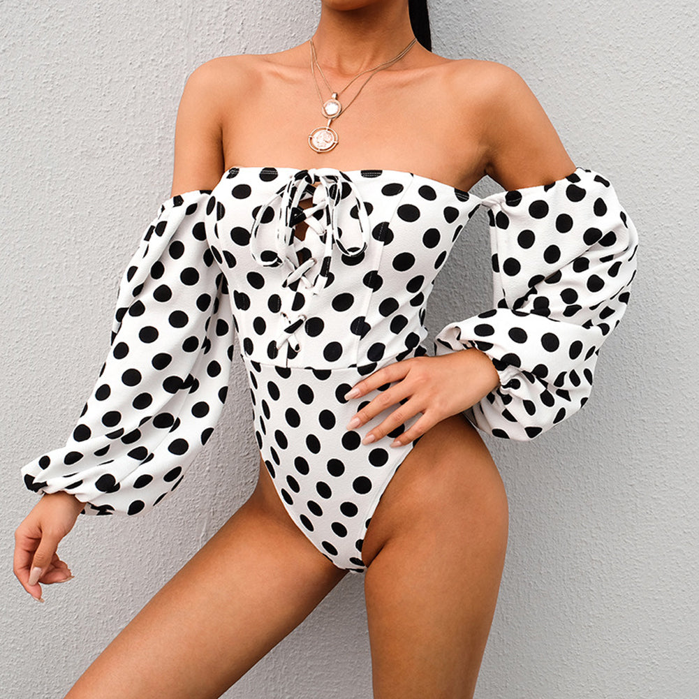 Off Shoulder Long Sleeve Lace up Bodysuit