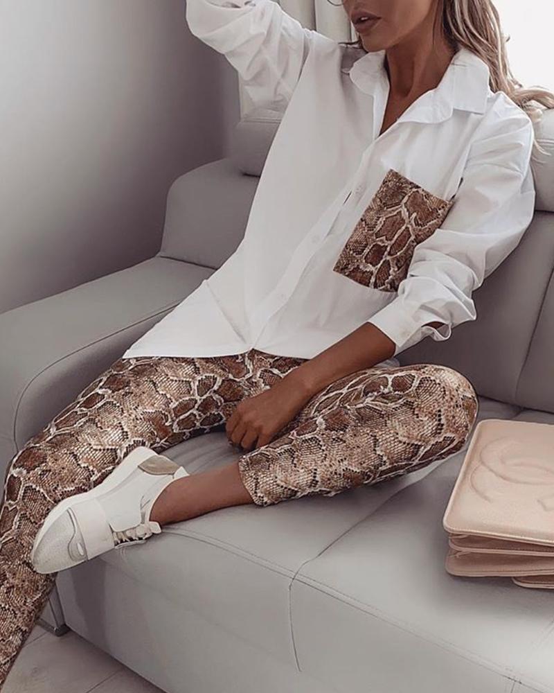 Women Snake Contrast Pocket Top & Pants Design Pant 2 Piece Set