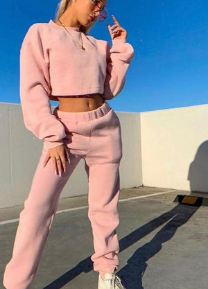 Cotton Two Piece Crop Top Jogger Pants Set