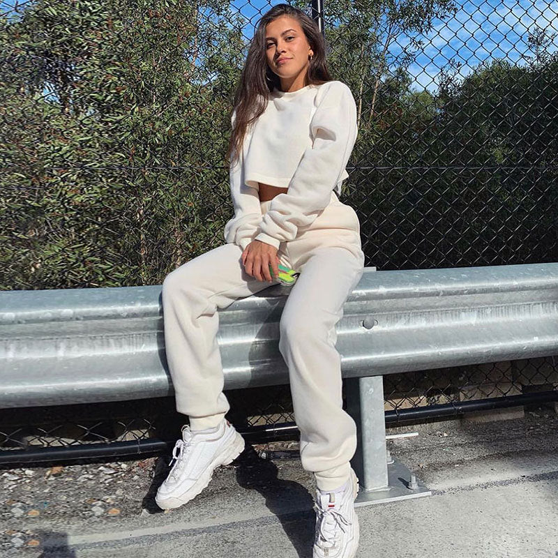 Cotton Two Piece Crop Top Jogger Pants Set