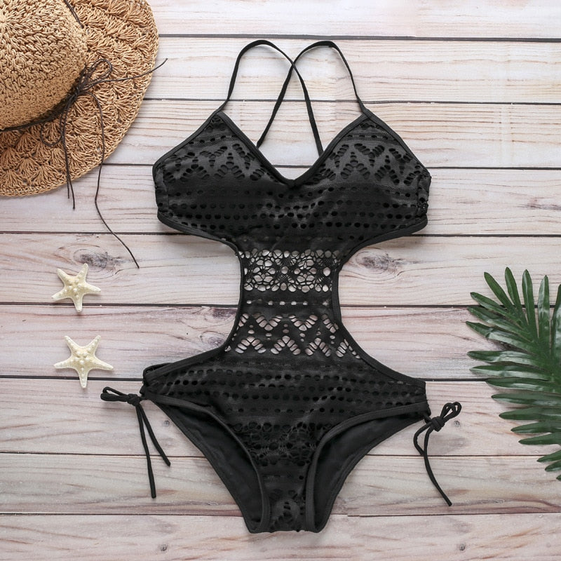 Crochet One Piece Backless Bathing Suit