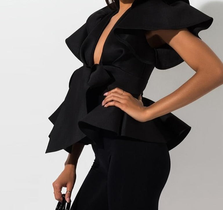 Puff Sleeve Deep V Neck Peplum Tops