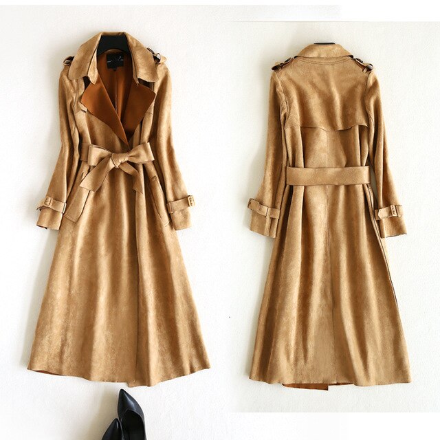 Faux Leather Suede Trench Coat