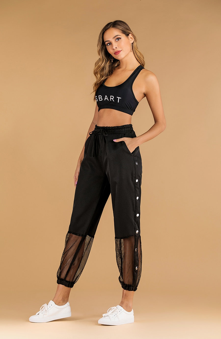 Side Button Mesh Patchwork Cargo Pants