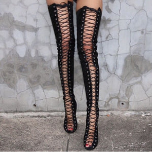 Faux Suede Over The Knee Gladiator Lace Up Boot