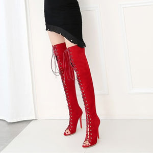 Faux Suede Over The Knee Gladiator Lace Up Boot