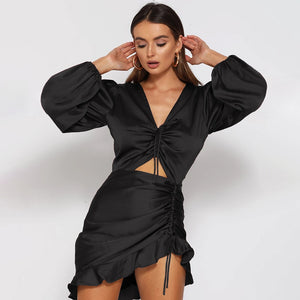 Lace up Ruffle Long Sleeve Ruched Mini Dress