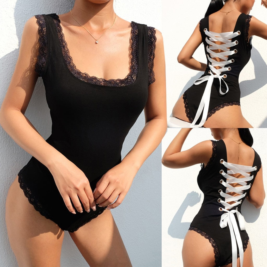 Vintage Lace-up Bandage Bodysuit