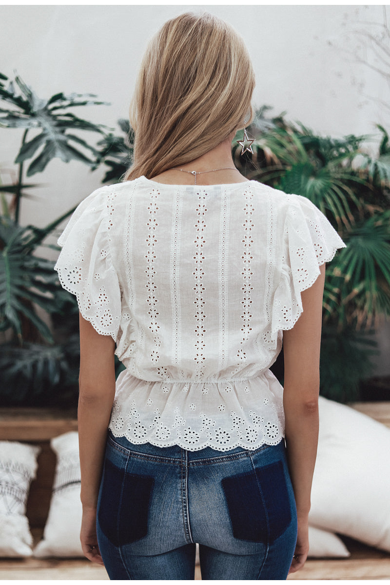 Ruffle Embroidery Cotton Blouse