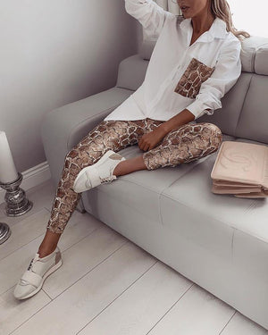 Women Snake Contrast Pocket Top & Pants Design Pant 2 Piece Set