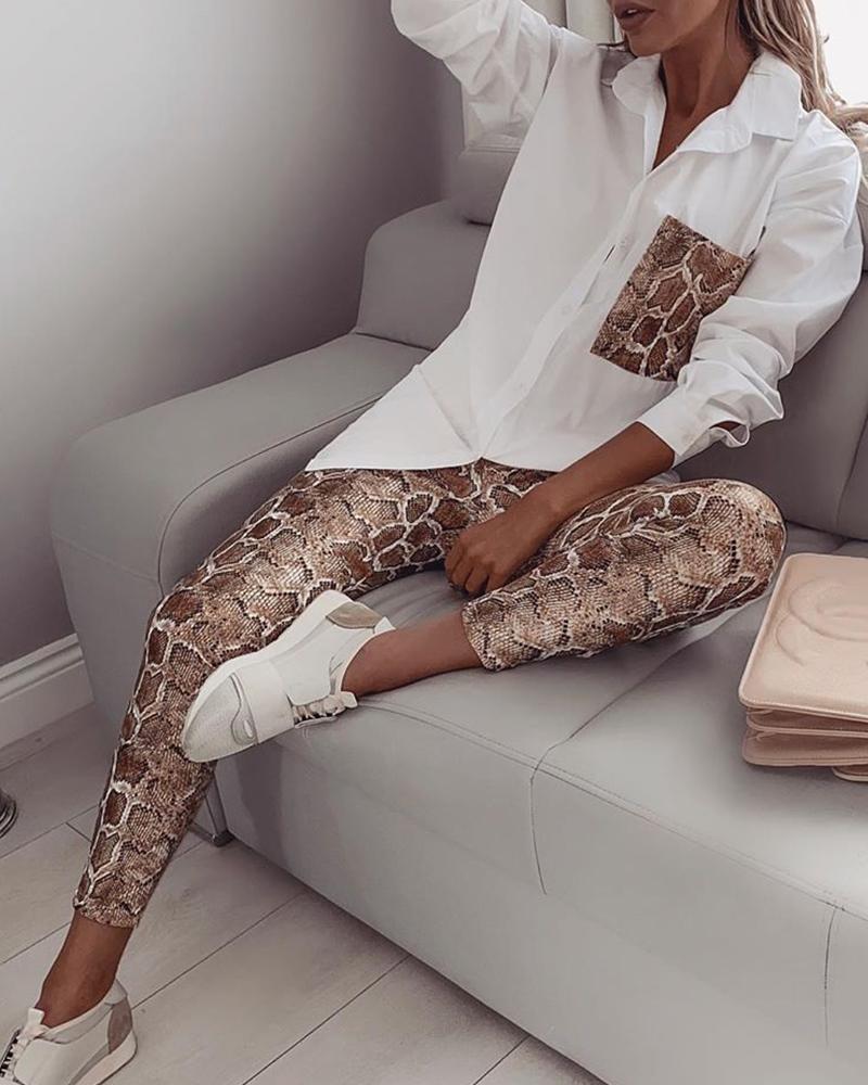 Women Snake Contrast Pocket Top & Pants Design Pant 2 Piece Set