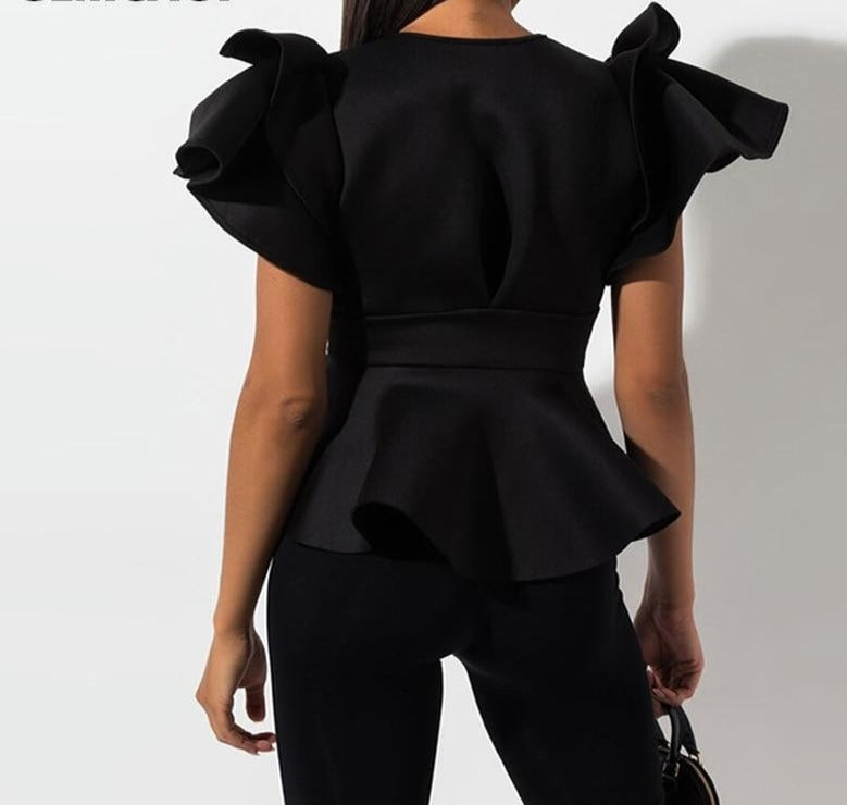 Puff Sleeve Deep V Neck Peplum Tops