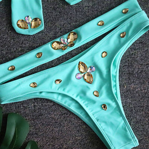 Crystal Rhinestone Bandeau  High Waist Bikini