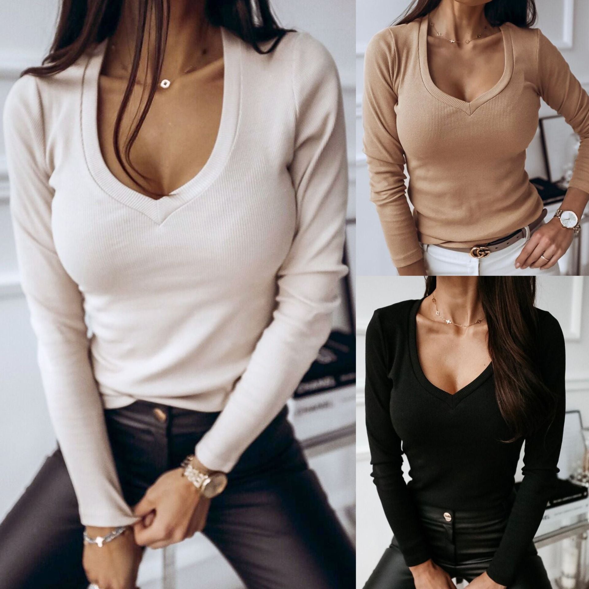 Low Cut Solid Long Sleeve Tops