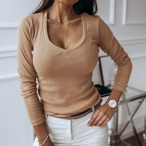 Low Cut Solid Long Sleeve Tops