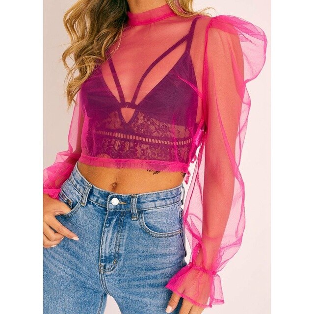 Sheer Lace Up Ruffle Blouse