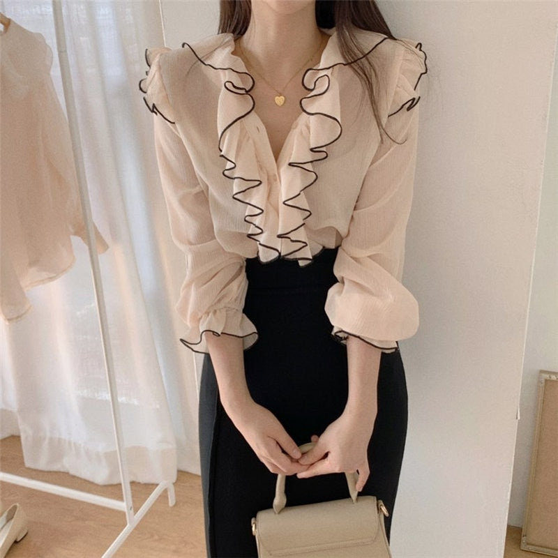 V-Neck Ruffles Vintage Blouse