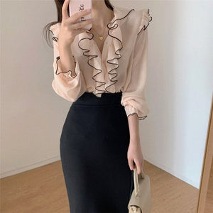 V-Neck Ruffles Vintage Blouse