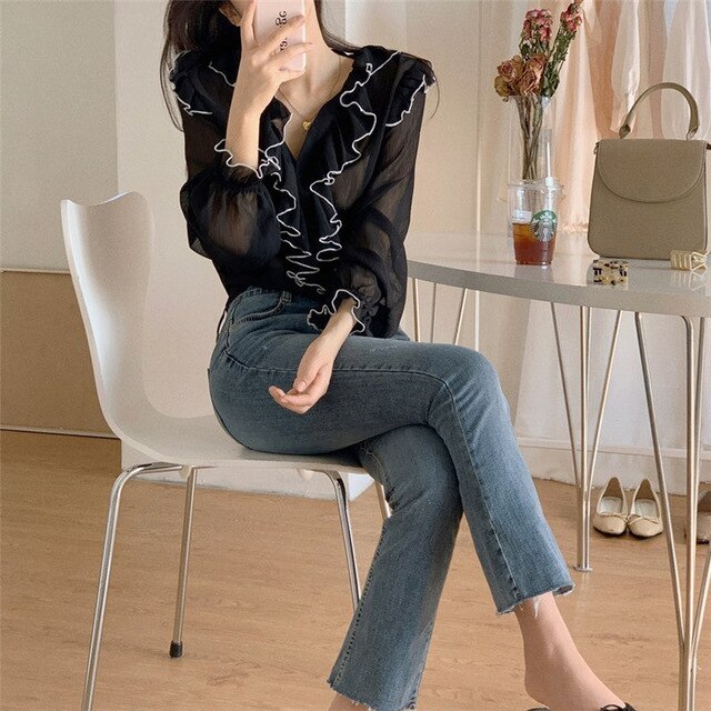 V-Neck Ruffles Vintage Blouse