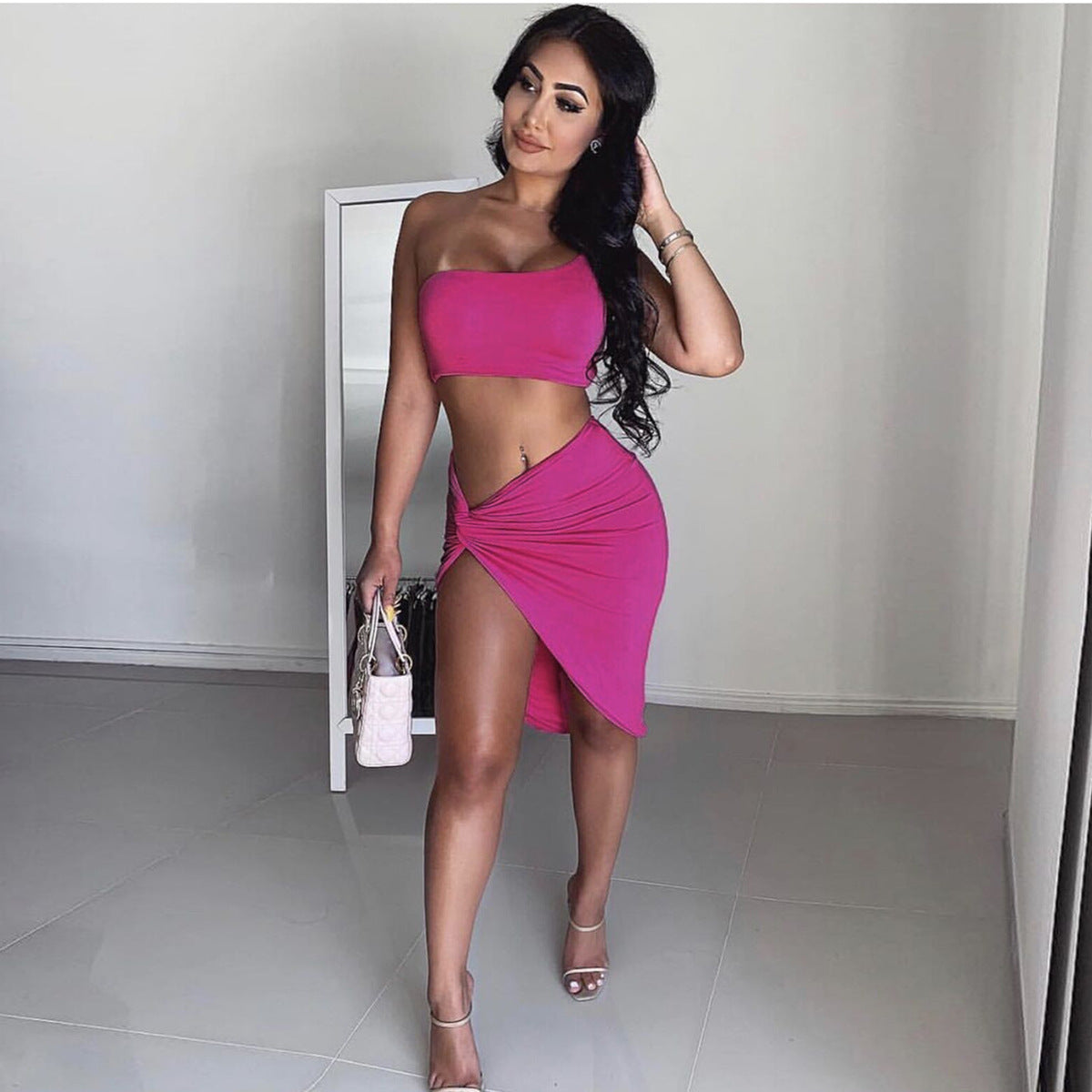 2 Piece One Shoulder Crop Top Set