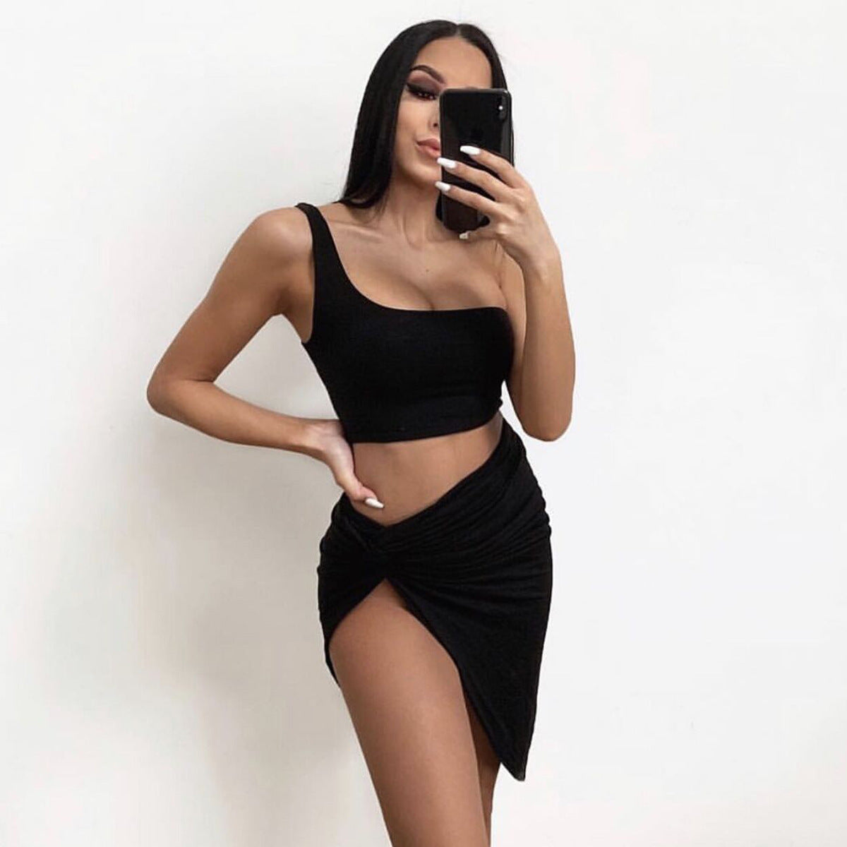 2 Piece One Shoulder Crop Top Set