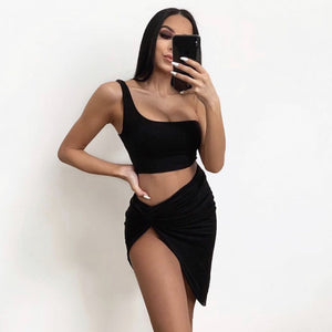 2 Piece One Shoulder Crop Top Set