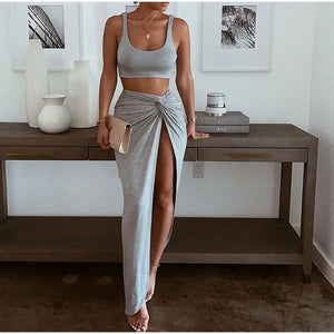 Two Pieces Solid Tank Top High Slit Skirts Sets