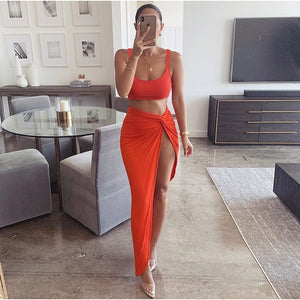 Two Pieces Solid Tank Top High Slit Skirts Sets