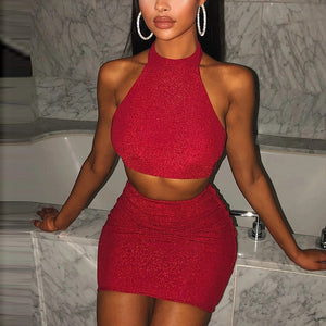 Glitter Halter Backless 2 Piece Set