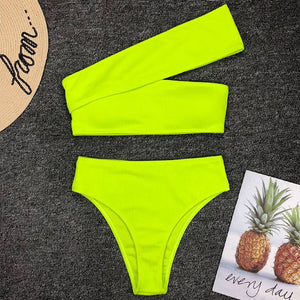 One Shoulder Neon Green High Waist Ribbed Bikini Set