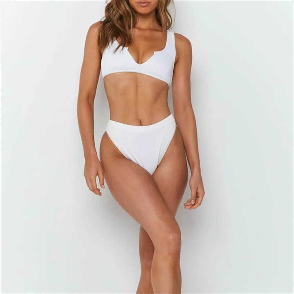 Solid Ribbed High Waist Bikini Set