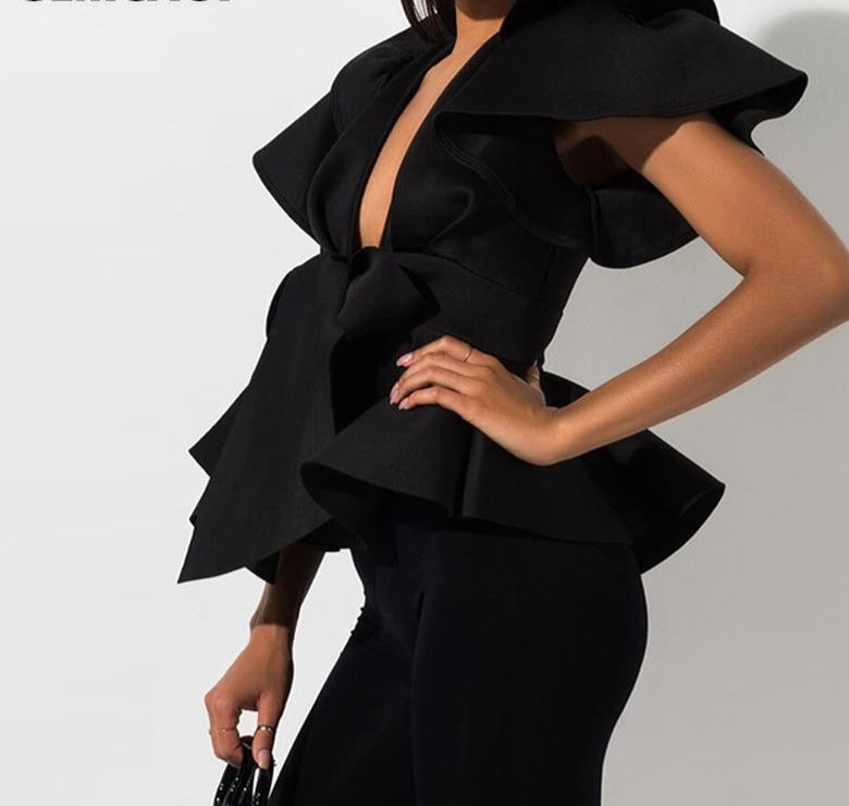 Puff Sleeve Deep V Neck Peplum Tops