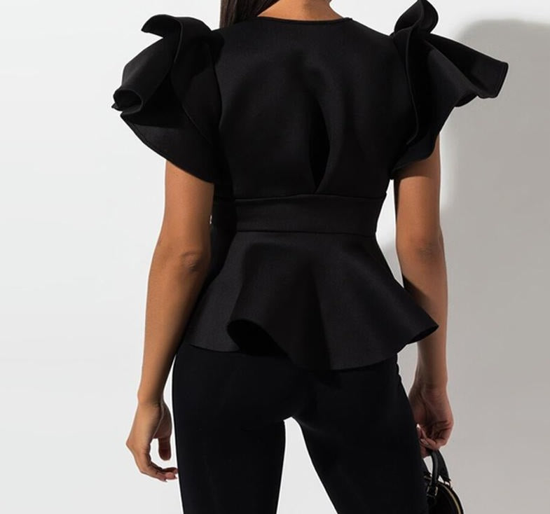 Puff Sleeve Deep V Neck Peplum Tops