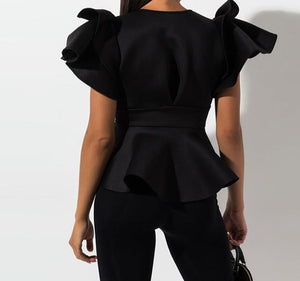 Puff Sleeve Deep V Neck Peplum Tops