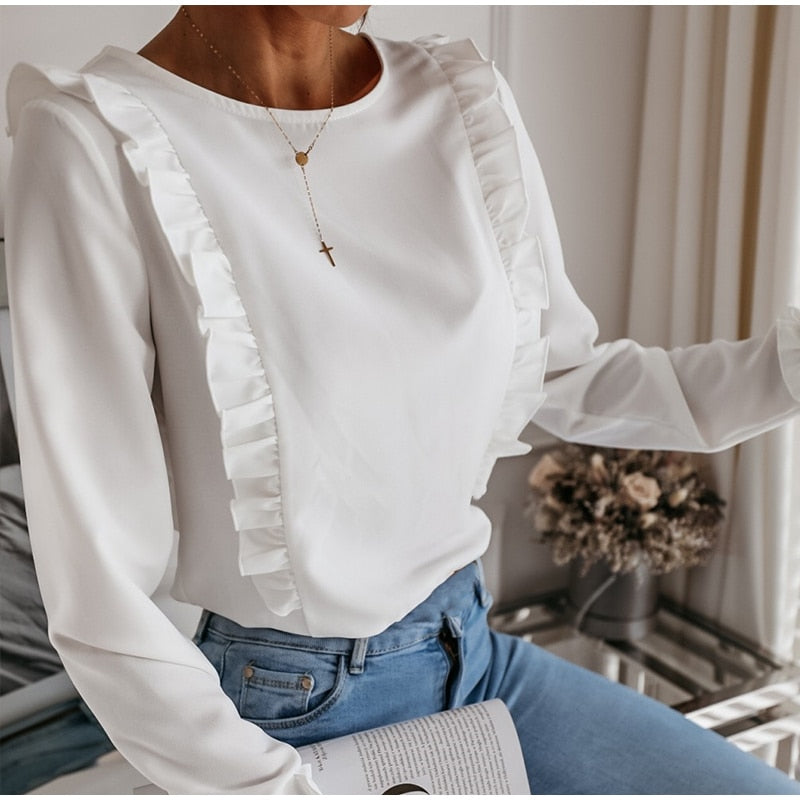 Ruffled Back Button Down Blouse