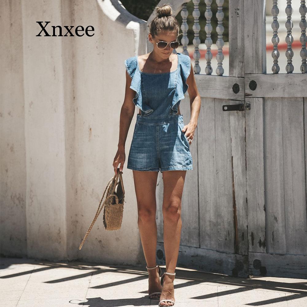 backless denim sundress Summer Strap Denim Shorts Loose Sexy Leaking Back Women Fashion High Waist Ruffle Denim Shorts Plus Size