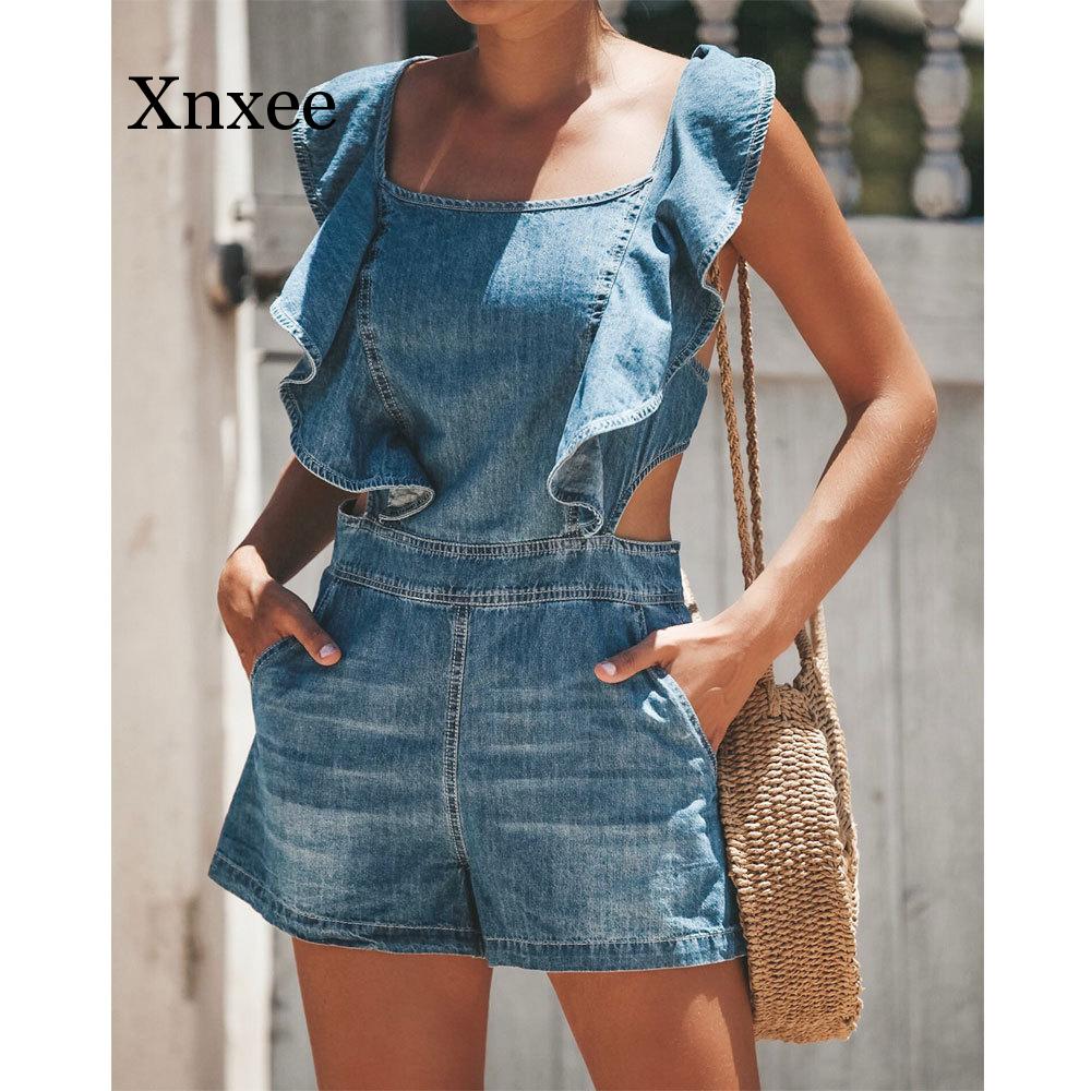 backless denim sundress Summer Strap Denim Shorts Loose Sexy Leaking Back Women Fashion High Waist Ruffle Denim Shorts Plus Size