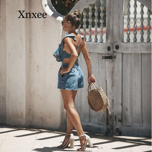 backless denim sundress Summer Strap Denim Shorts Loose Sexy Leaking Back Women Fashion High Waist Ruffle Denim Shorts Plus Size