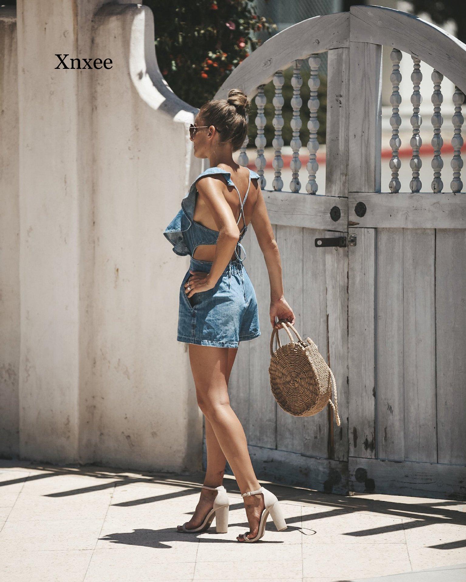 backless denim sundress Summer Strap Denim Shorts Loose Sexy Leaking Back Women Fashion High Waist Ruffle Denim Shorts Plus Size