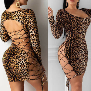 Backless Leopard Bandage Bodycon Mini Dress