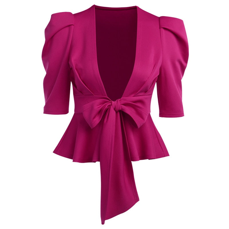 Ruffle Peplum Top With Bow Closure