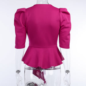 Ruffle Peplum Top With Bow Closure